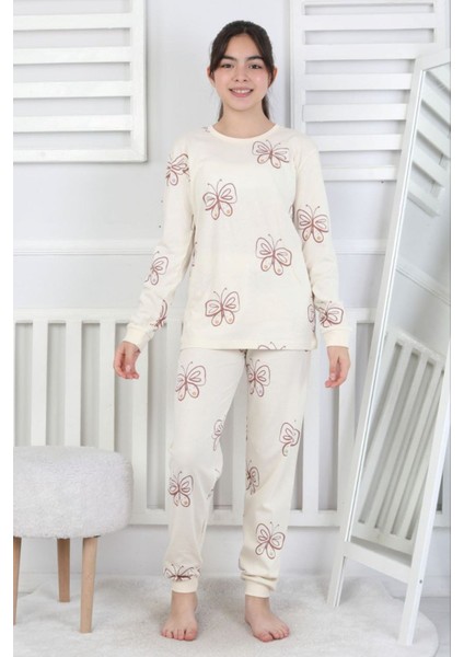 Isob Ekru Kelebek Desenli %100 Pamuk Kız Çocuk Pijama Takımı 8-13 Yaş 51406-E