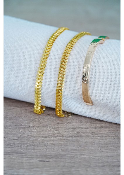 Kombin Bileklik Gold Kılçık Tırtıl ve Düz Cırt Model 3 Adet Birden