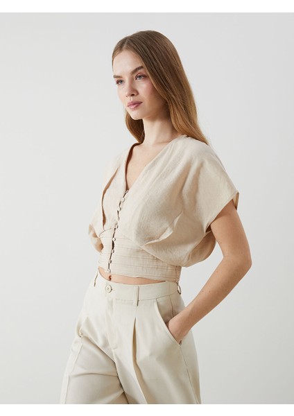Yeni Sezon V Yaka Crop Kadin Bluz - S5I317Z8