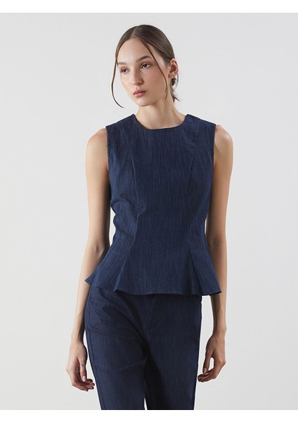 Yeni Sezon Bisiklet Yaka Peplum Jean Bluz - S5P226Z8