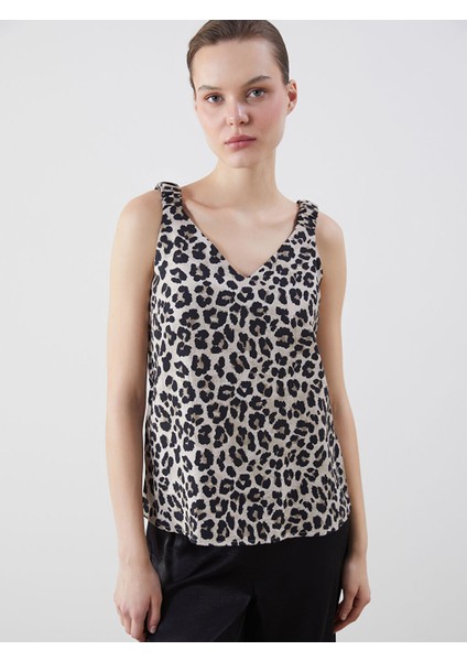 Yeni Sezon V Yaka Leopar Desenli Kadin Bluz - S5K008Z8