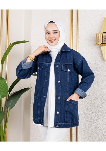 Kadın Denim Kot Ceket Cep Detaylı Dokuma Kumaş ile Günlük Kullanıma Uygun