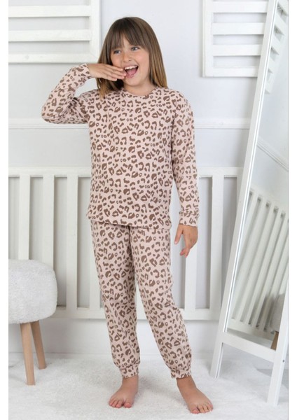 Isob Pembe Leopar Desenli %100 Pamuk Kız Çocuk Pijama Takımı 8-13 Yaş 51408-P