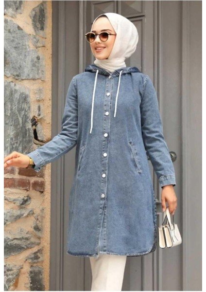 Kadın Kapüşonlu Kot Ceket Cepli Normal Yaka Dokuma Kumaş Günlük Kullanım