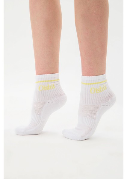 Kısa Konç Spor Çorap Yarım Havlu Çemberli Sarı Desen Beyaz