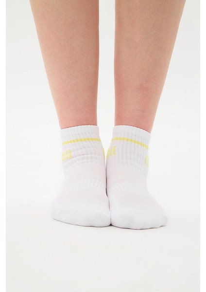 Kısa Konç Spor Çorap Yarım Havlu Çemberli Sarı Desen Beyaz fiyatları