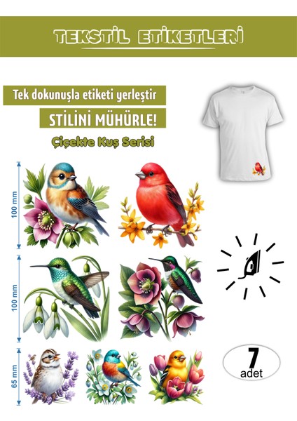 Ütü ile Yapışan Kıyafet Etiketi Çiçekte Kuş Serisi 7li Set