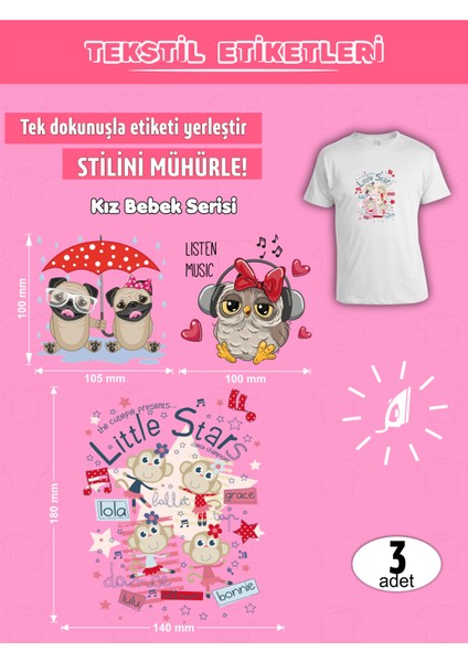 Ütü ile Yapışan Kıyafet Etiketi Kız Bebek Serisi 3lü Set