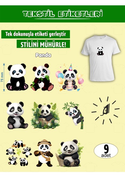 Ütü ile Yapışan Kıyafet Etiketi Panda Serisi 9lu Set