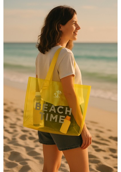 Beach Time Yazı Baskılı Şeffaf Plaj Çantası