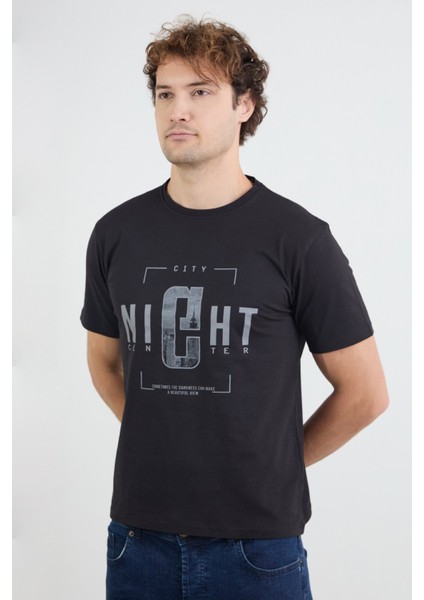 Night Yazı Baskılı Bisiklet Yaka Tişört modelleri