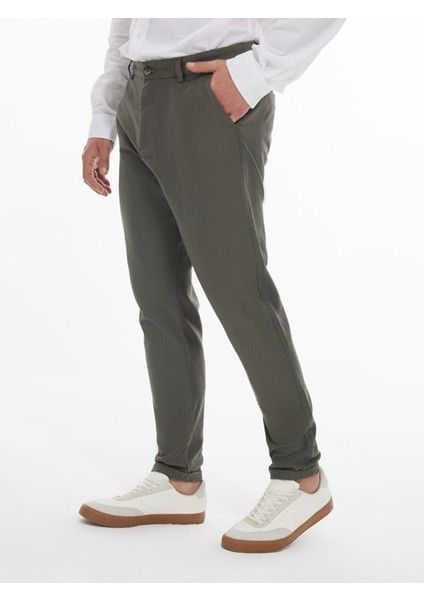 Erkek Keten Görünümlü Düz Paça Yeşil Pantolon fırsatları