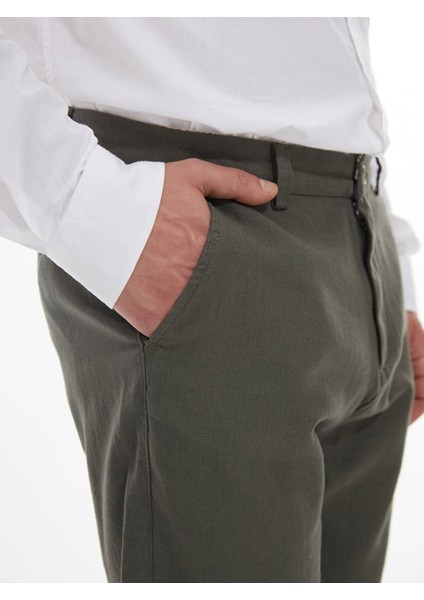 Erkek Keten Görünümlü Düz Paça Yeşil Pantolon indirimleri