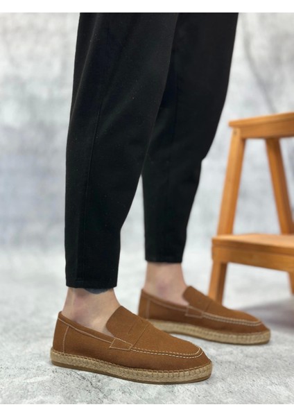 BA0359 Boa Doğal Deri Tozu Bağcıksız Kauçuk El Yapımı Espadril Taban Taba Renk Erkek Ayakkabı