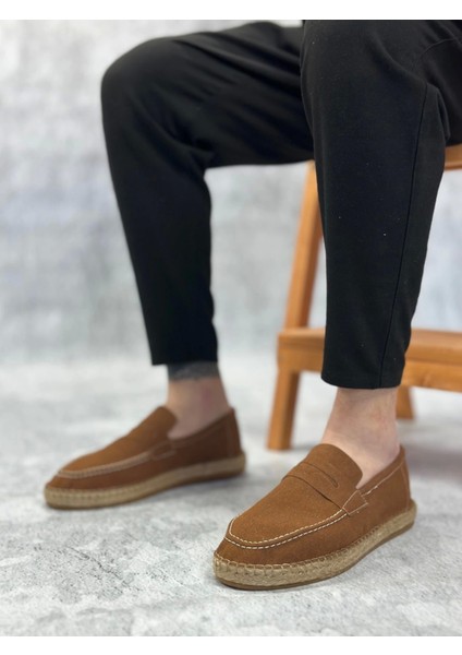 BA0359 Boa Doğal Deri Tozu Bağcıksız Kauçuk El Yapımı Espadril Taban Taba Renk Erkek Ayakkabı