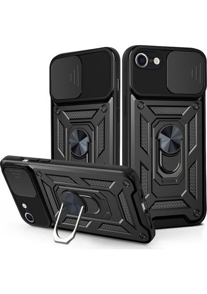 iPhone 7 / 8 / iPhone Se 2020 Ince Kaydırmalı Kamera Kapaklı ve Halka Tutucu Standlı Sağlam Zırh Koruma Çantası Gümüş (Yurt Dışından)