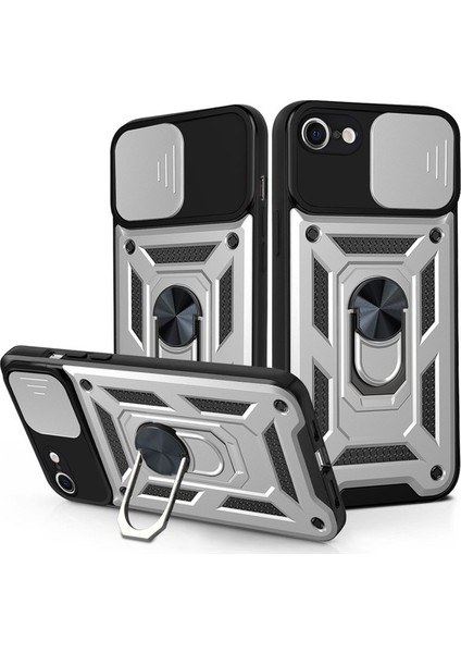 iPhone 7 / 8 / iPhone Se 2020 Ince Kaydırmalı Kamera Kapaklı ve Halka Tutucu Standlı Sağlam Zırh Koruma Çantası Gümüş (Yurt Dışından)
