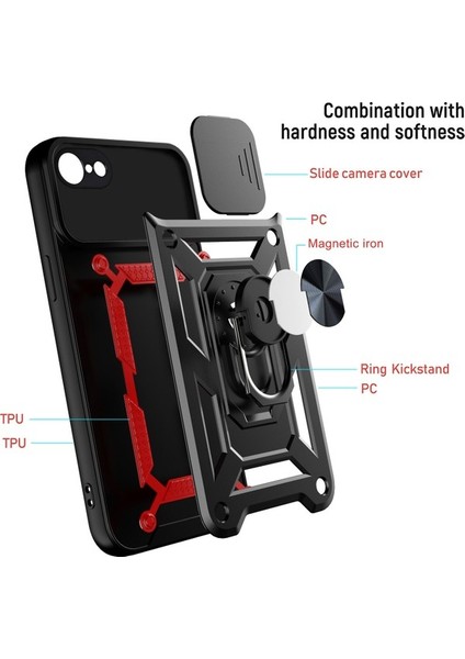 iPhone 7 / 8 / iPhone Se 2020 Ince Kaydırmalı Kamera Kapaklı ve Halka Tutucu Standlı Sağlam Zırh Koruma Çantası Gümüş (Yurt Dışından)