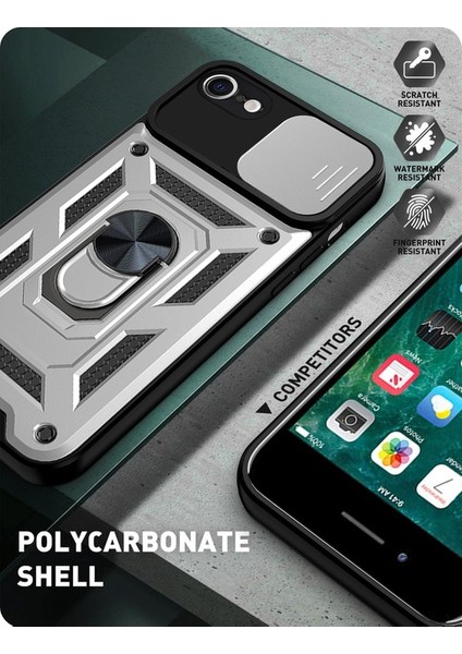 iPhone 7 / 8 / iPhone Se 2020 Ince Kaydırmalı Kamera Kapaklı ve Halka Tutucu Standlı Sağlam Zırh Koruma Çantası Gümüş (Yurt Dışından)