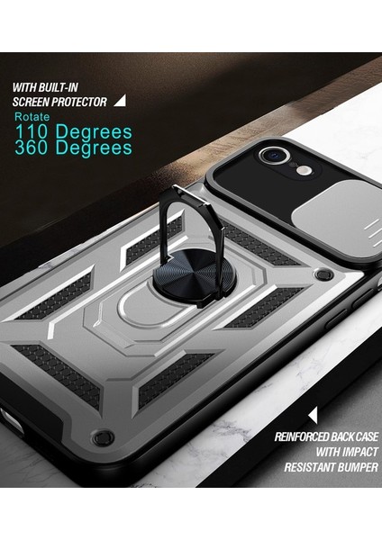 iPhone 7 / 8 / iPhone Se 2020 Ince Kaydırmalı Kamera Kapaklı ve Halka Tutucu Standlı Sağlam Zırh Koruma Çantası Gümüş (Yurt Dışından)