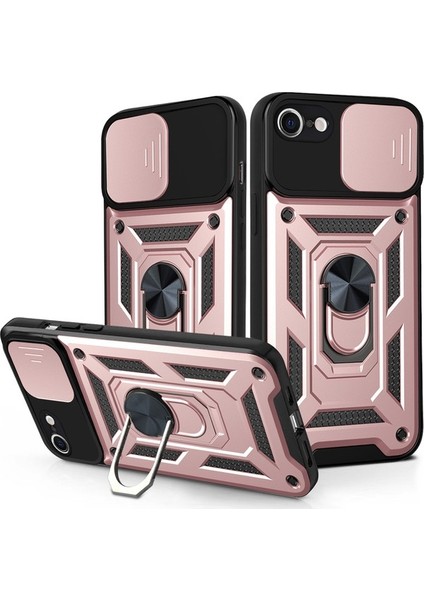 iPhone 7 / 8 / iPhone Se 2020 Ince Kaydırmalı Kamera Kapaklı ve Halka Tutucu Standlı Sağlam Zırh Koruma Çantası Gümüş (Yurt Dışından)
