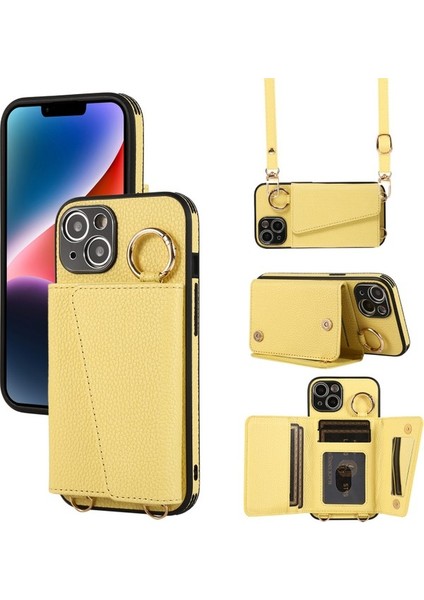 IPHONE14 Için Kart Tutucu Cep Telefonu Kapağı Omuz Askılı Siyah ile Deri Telefon Kasası (Yurt Dışından)