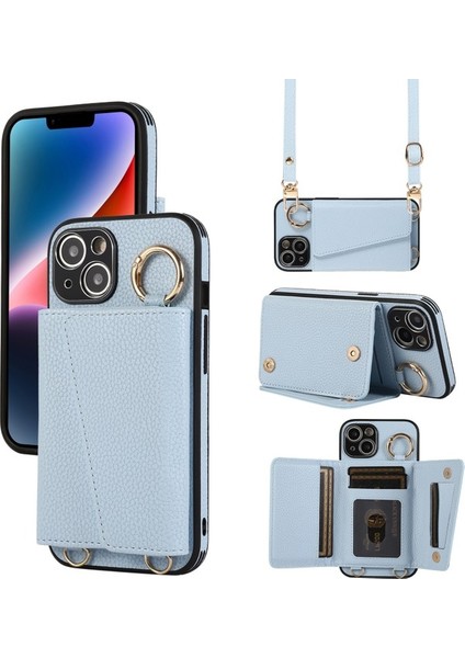 IPHONE14 Için Kart Tutucu Cep Telefonu Kapağı Omuz Askılı Siyah ile Deri Telefon Kasası (Yurt Dışından)