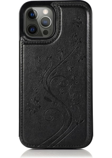 Apple iPhone 13 Pro Max Için Çiçek Baskılı Kartlıklı Çizilmeye Dayanıklı Pu Deri Kaplamalı Tpu Koruyucu Kılıf - Siyah (Yurt Dışından) fiyatları