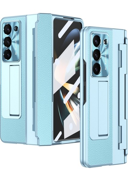 Samsung Galaxy Z Fold5 5g Stand Telefon Kılıfı Pu Deri+Pc Şok Geçirmez Koruyucu Kapak Temperli Cam Film ile (Yurt Dışından)