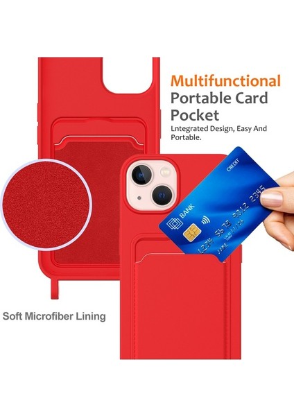 iPhone 15 Plus Shell Sıvı Silikon Kart Tutucu Telefon Kılıfı Uzun Ipli-Kırmızı (Yurt Dışından)