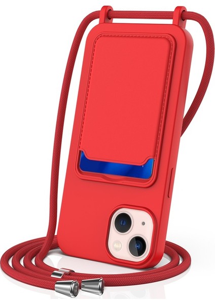 iPhone 15 Plus Shell Sıvı Silikon Kart Tutucu Telefon Kılıfı Uzun Ipli-Kırmızı (Yurt Dışından)