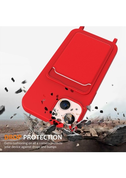 iPhone 15 Plus Shell Sıvı Silikon Kart Tutucu Telefon Kılıfı Uzun Ipli-Kırmızı (Yurt Dışından)
