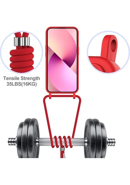iPhone 15 Plus Shell Sıvı Silikon Kart Tutucu Telefon Kılıfı Uzun Ipli-Kırmızı (Yurt Dışından)