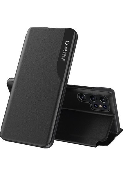 Samsung Galaxy S24 Ultra Için Akıllı Görünüm Flip Stand Pu Deri Telefon Kılıfı - Siyah (Yurt Dışından)