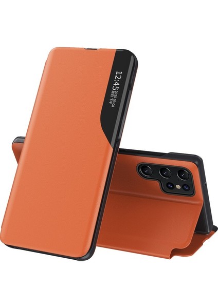 Samsung Galaxy S24 Ultra Için Akıllı Görünüm Flip Stand Pu Deri Telefon Kılıfı - Siyah (Yurt Dışından)
