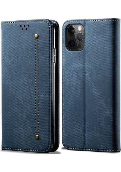 iPhone 13 Pro Için Retro Kot Deri Flip Cüzdan Standlı Kılıf Kapaklı (Yurt Dışından)