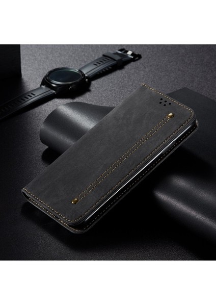 iPhone 13 Pro Için Retro Kot Deri Flip Cüzdan Standlı Kılıf Kapaklı (Yurt Dışından)