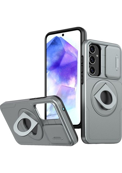 Samsung Galaxy A55 5g Kılıf Manyetik Stand Tpu + Pc Telefon Kapağı, Slayt Lens Kapaklı-Siyahımsı Yeşil (Yurt Dışından)
