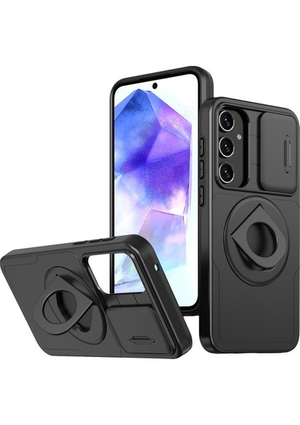 Samsung Galaxy A55 5g Kılıf Manyetik Stand Tpu + Pc Telefon Kapağı, Slayt Lens Kapaklı-Siyahımsı Yeşil (Yurt Dışından)