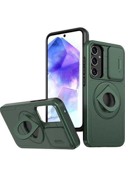 Samsung Galaxy A55 5g Kılıf Manyetik Stand Tpu + Pc Telefon Kapağı, Slayt Lens Kapaklı-Siyahımsı Yeşil (Yurt Dışından)