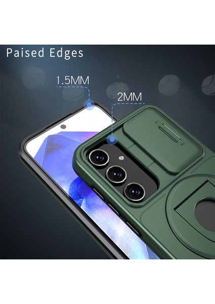 Samsung Galaxy A55 5g Kılıf Manyetik Stand Tpu + Pc Telefon Kapağı, Slayt Lens Kapaklı-Siyahımsı Yeşil (Yurt Dışından)