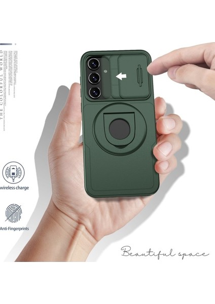 Samsung Galaxy A55 5g Kılıf Manyetik Stand Tpu + Pc Telefon Kapağı, Slayt Lens Kapaklı-Siyahımsı Yeşil (Yurt Dışından)
