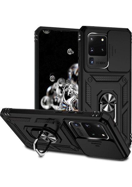 Samsung Galaxy S20 Ultra Için Halka Ayaklı ve Kayar Kamera Kapaklı Telefon Kılıf - Siyah (Yurt Dışından) fiyatları