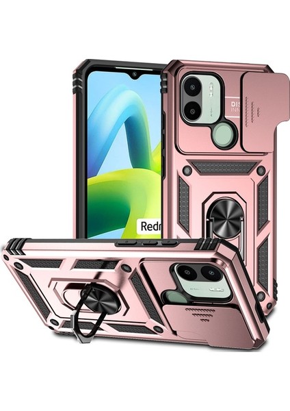 Xiaomi Redmi A1 / A1+ Için Halka Ayaklı ve Kayar Kamera Kapaklı Telefon Kılıf - Yeşil (Yurt Dışından)