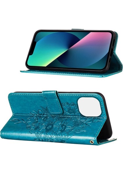 iPhone 15 Için Kelebek Pu Deri Çevirmeli Cüzdan Stand Telefon Kılıfı - Yeşil (Yurt Dışından)