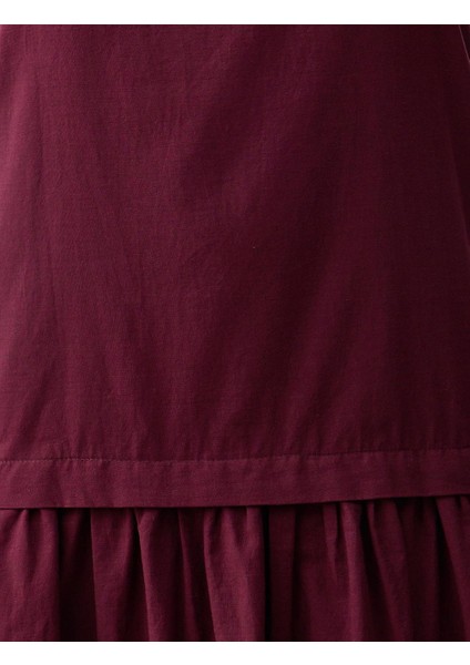 Bordo Açık Yaka Askılı Dokuma Midi Elbise