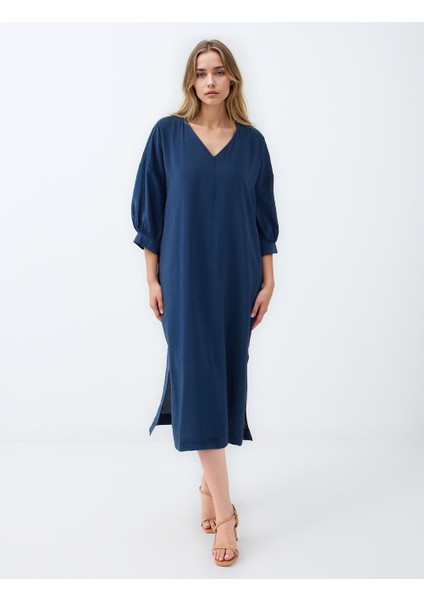 Lacivert V Yaka Truvakar Kol Dokuma Midi Elbise
