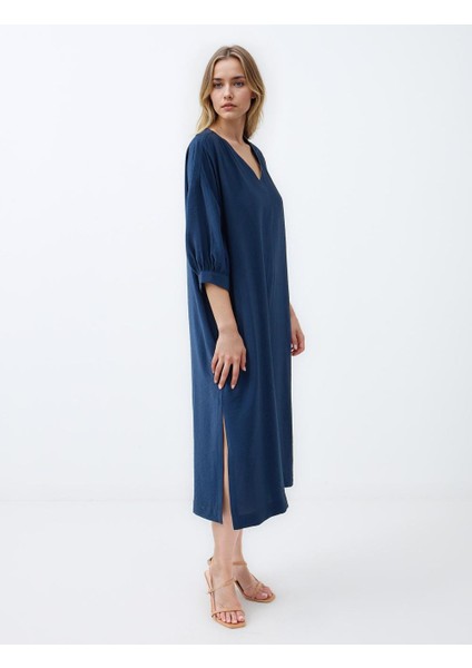 Lacivert V Yaka Truvakar Kol Dokuma Midi Elbise fiyatları