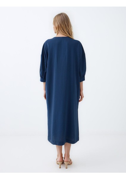 Lacivert V Yaka Truvakar Kol Dokuma Midi Elbise indirimleri