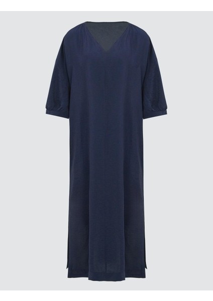 Lacivert V Yaka Truvakar Kol Dokuma Midi Elbise